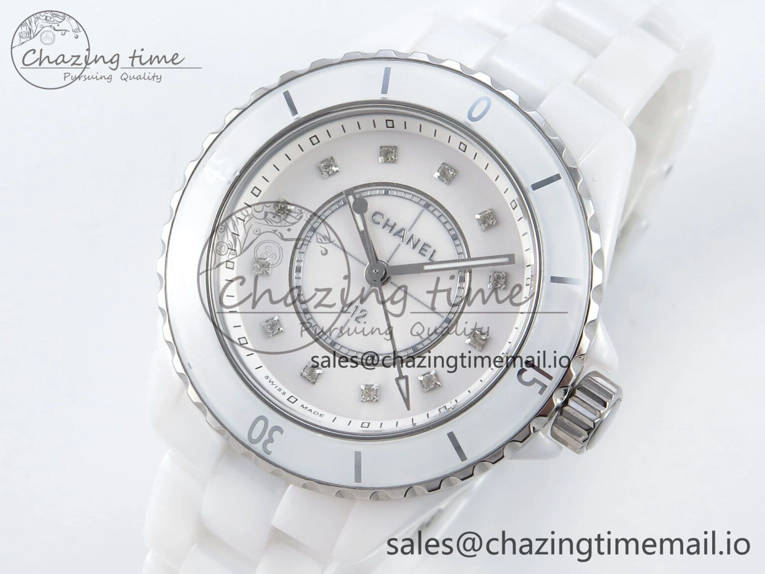 SoftTouch J13 33mm White Ceramic HTF 1:1 Best Edition White Diamonds Dial on Bracelet Swiss Quartz 6430