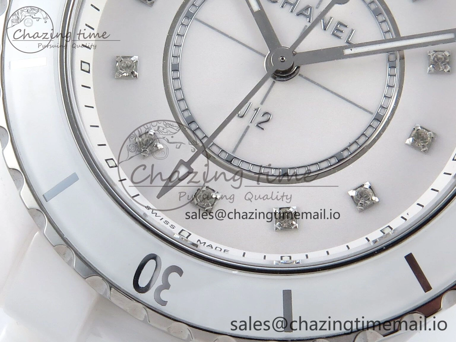 SoftTouch J13 33mm White Ceramic HTF 1:1 Best Edition White Diamonds Dial on Bracelet Swiss Quartz 6430
