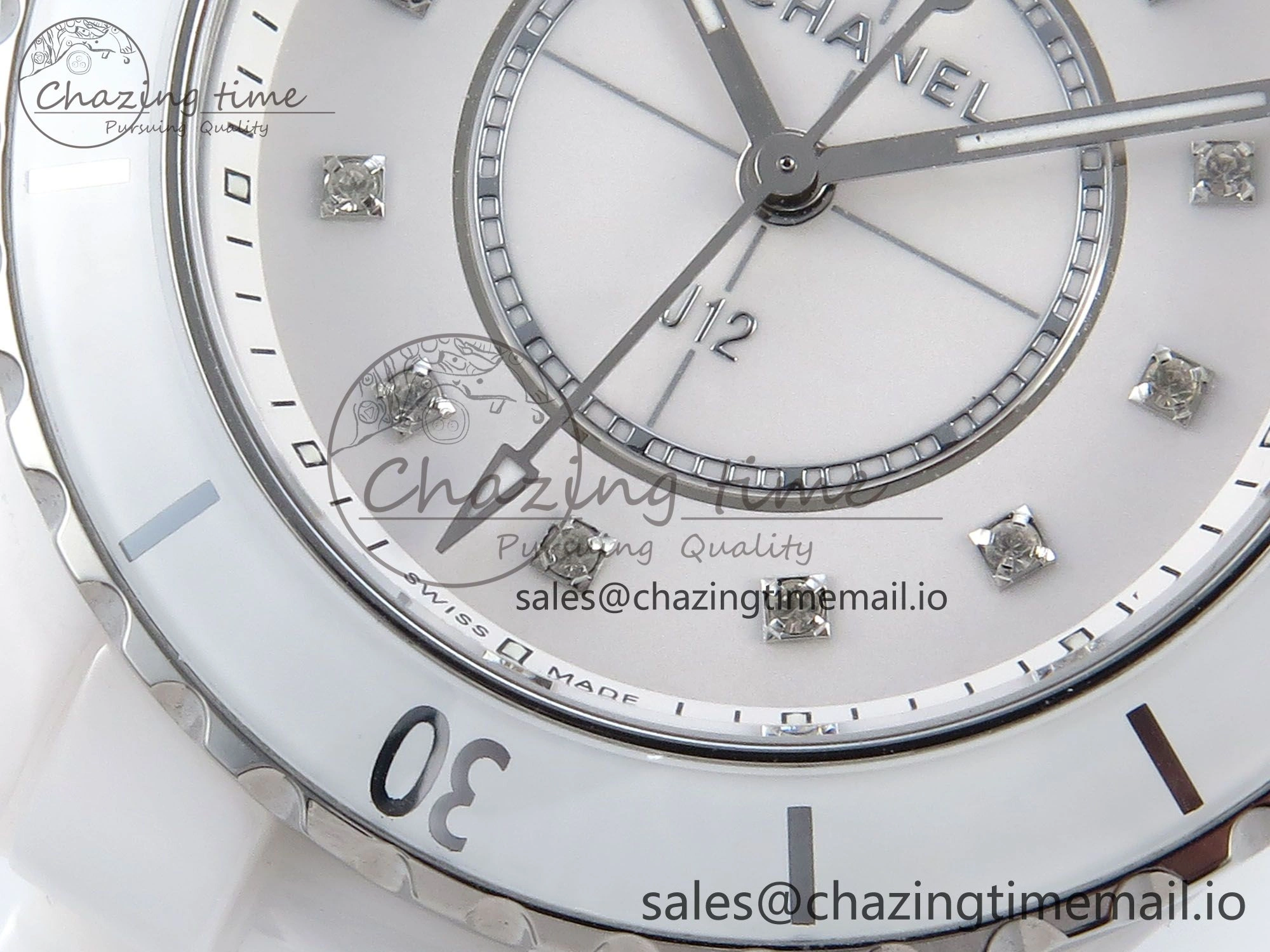 SoftTouch J13 33mm White Ceramic HTF 1:1 Best Edition White Diamonds Dial on Bracelet Swiss Quartz 6430