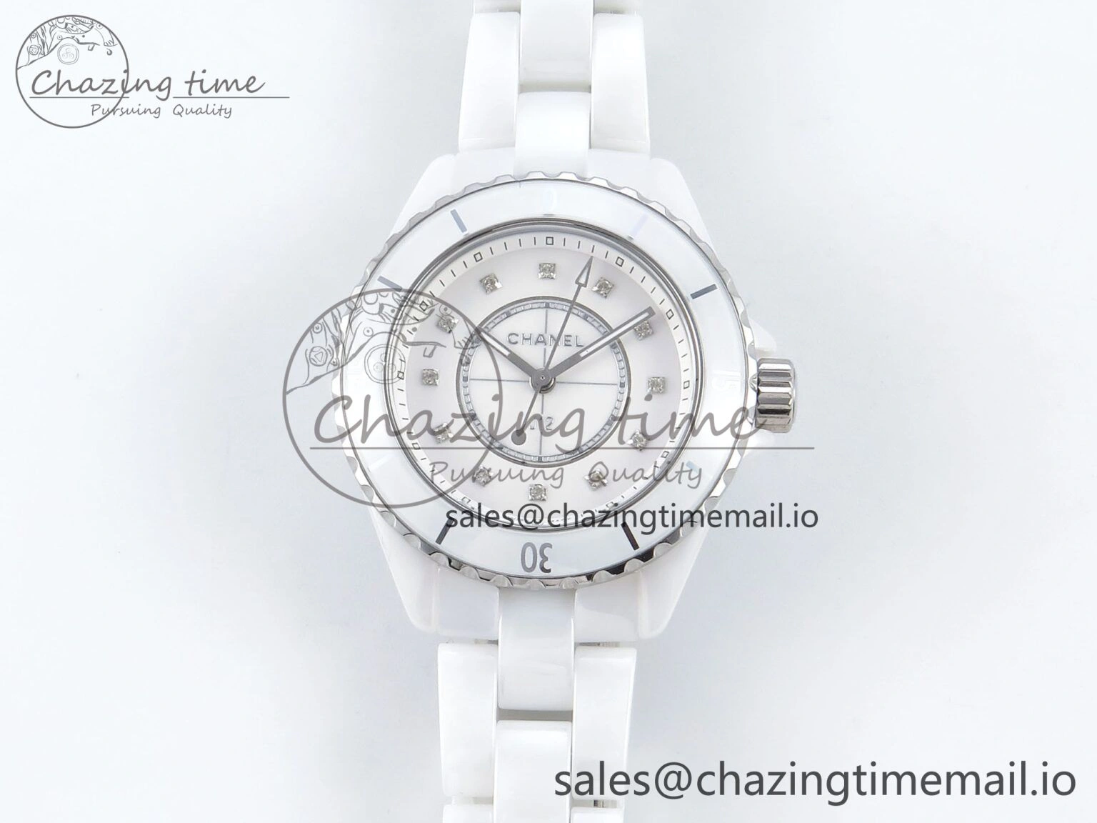 SoftTouch J13 33mm White Ceramic HTF 1:1 Best Edition White Diamonds Dial on Bracelet Swiss Quartz 6430