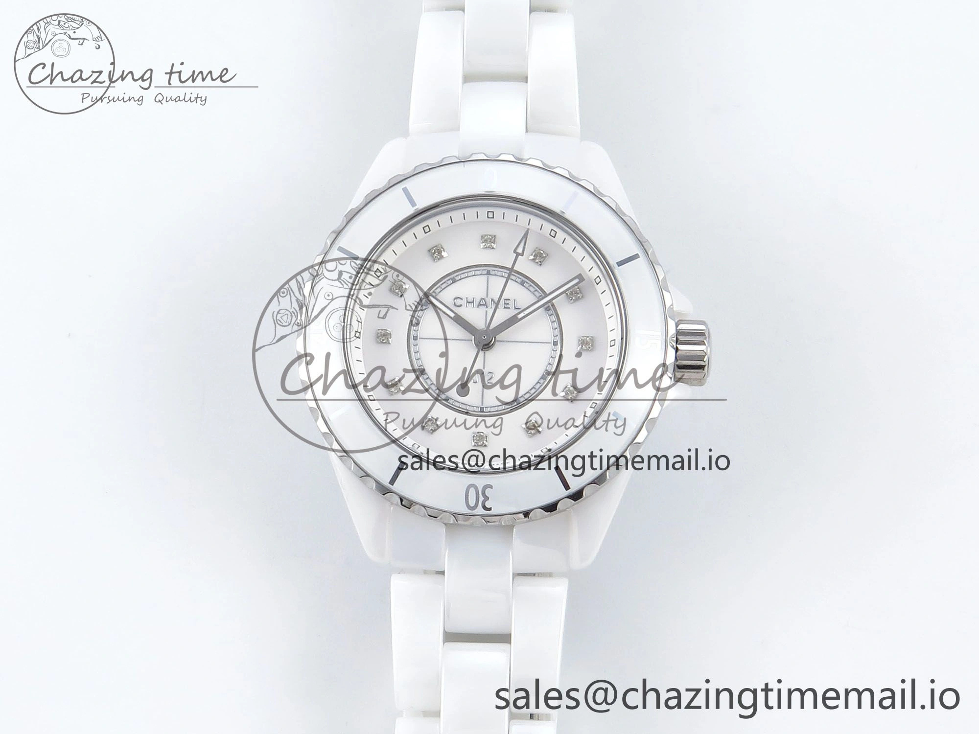 SoftTouch J13 33mm White Ceramic HTF 1:1 Best Edition White Diamonds Dial on Bracelet Swiss Quartz 6430