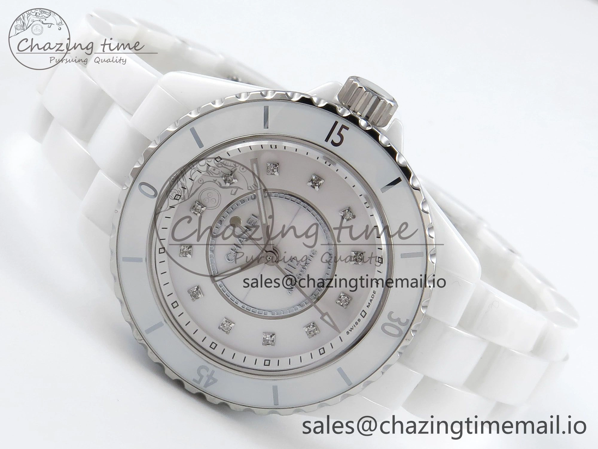 J13 33mm White Ceramic HTF 1:1 Best Edition White MOP Dial Diamonds Markers on Bracelet A12. Refined 6426