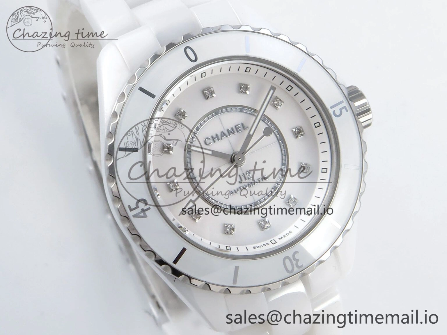 J13 33mm White Ceramic HTF 1:1 Best Edition White MOP Dial Diamonds Markers on Bracelet A12. Refined 6426