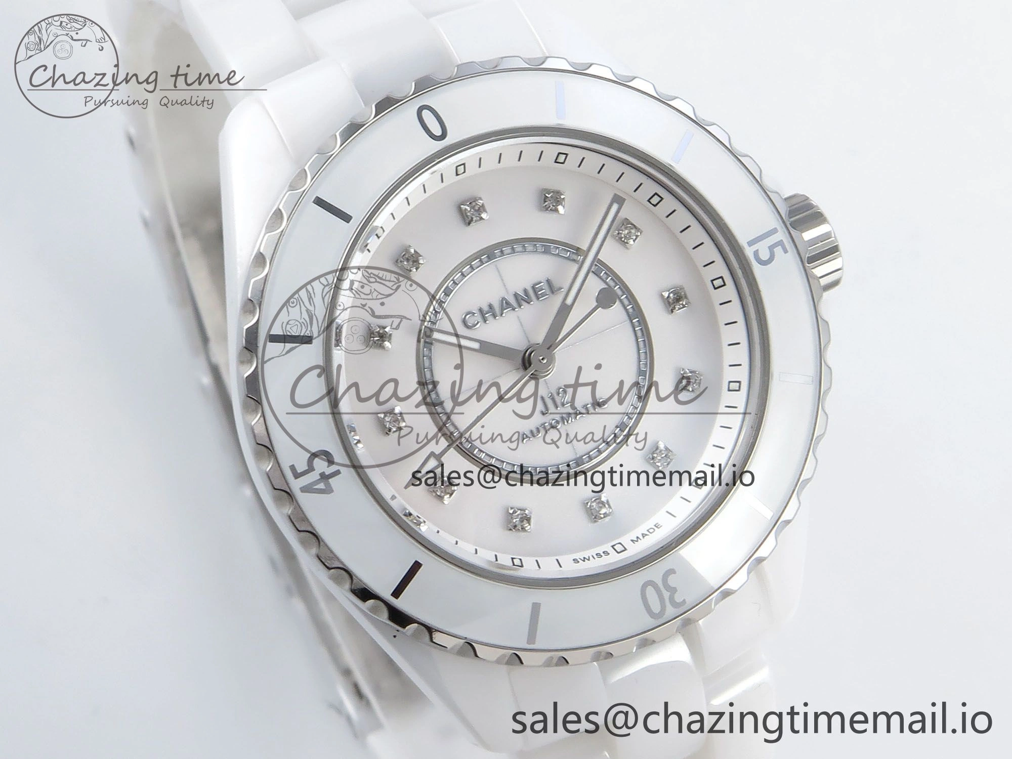 J13 33mm White Ceramic HTF 1:1 Best Edition White MOP Dial Diamonds Markers on Bracelet A12. Refined 6426