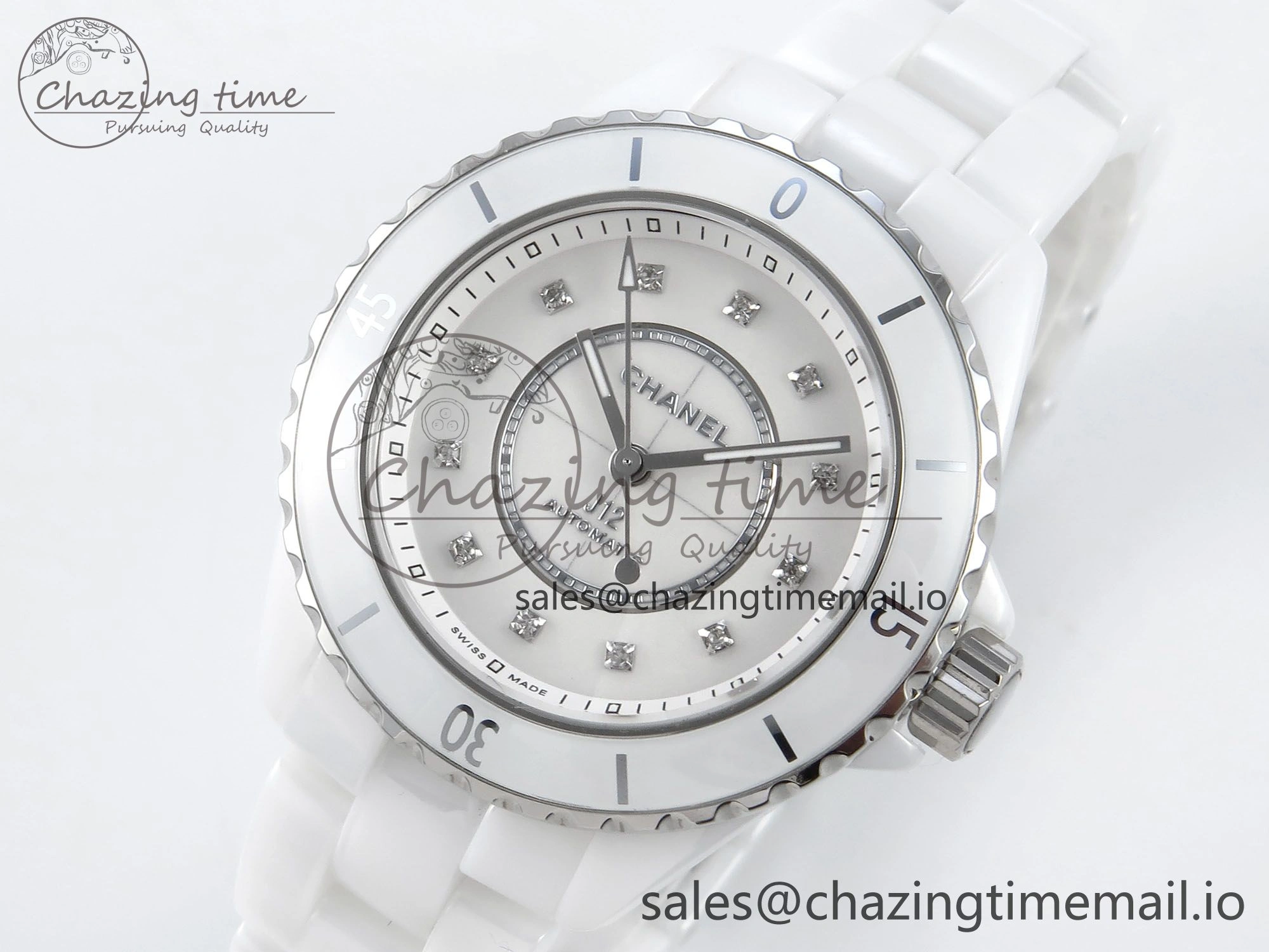 J13 33mm White Ceramic HTF 1:1 Best Edition White MOP Dial Diamonds Markers on Bracelet A12. Refined 6426