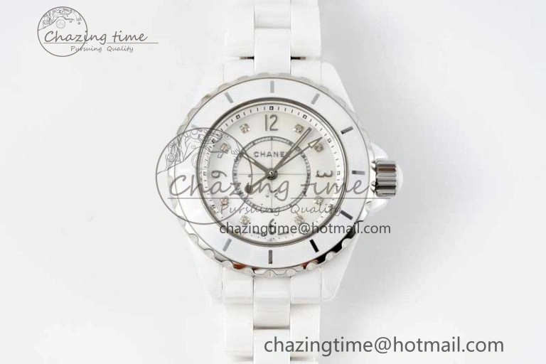 Timeless J13 33mm White Ceramic HTF 1:1 Best Edition White MOP Dial on Bracelet Swiss Quartz 6474