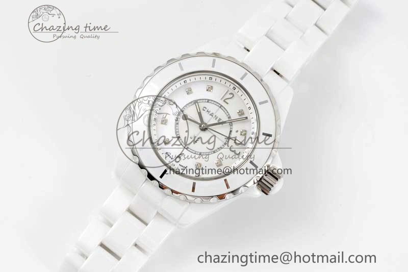 Timeless J13 33mm White Ceramic HTF 1:1 Best Edition White MOP Dial on Bracelet Swiss Quartz 6474