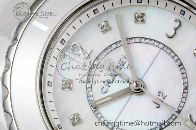 Timeless J13 33mm White Ceramic HTF 1:1 Best Edition White MOP Dial on Bracelet Swiss Quartz 6474