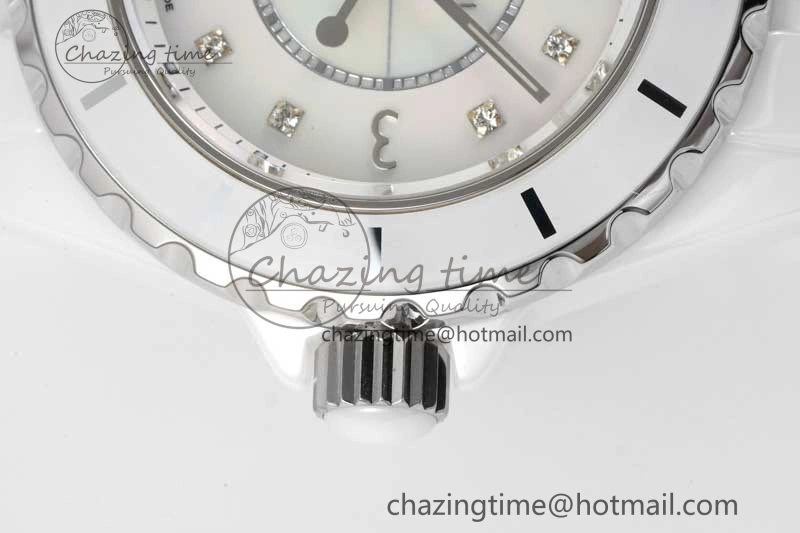 Timeless J13 33mm White Ceramic HTF 1:1 Best Edition White MOP Dial on Bracelet Swiss Quartz 6474