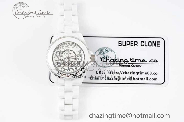 Chic J13 33mm White Ceramic HTF 1:1 Best Edition White Numbers Dial on Bracelet Swiss Quartz 6477