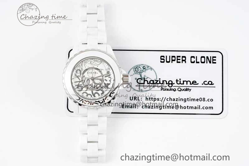 Chic J13 33mm White Ceramic HTF 1:1 Best Edition White Numbers Dial on Bracelet Swiss Quartz 6477