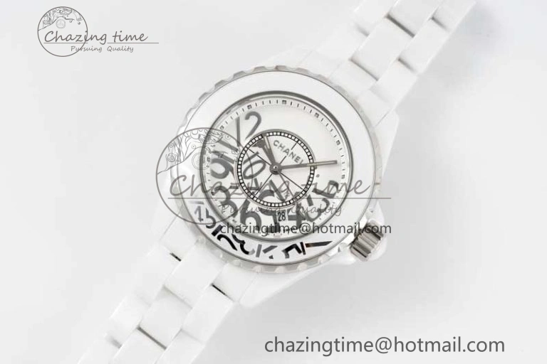 Chic J13 33mm White Ceramic HTF 1:1 Best Edition White Numbers Dial on Bracelet Swiss Quartz 6477
