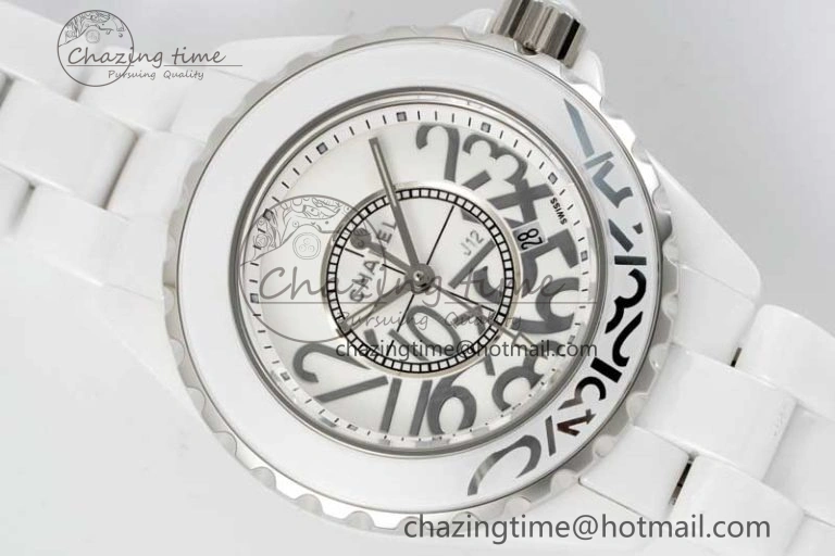 Chic J13 33mm White Ceramic HTF 1:1 Best Edition White Numbers Dial on Bracelet Swiss Quartz 6477