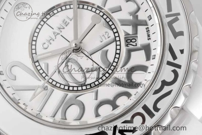 Chic J13 33mm White Ceramic HTF 1:1 Best Edition White Numbers Dial on Bracelet Swiss Quartz 6477