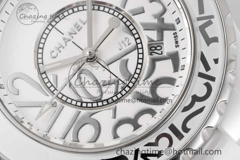 Chic J13 33mm White Ceramic HTF 1:1 Best Edition White Numbers Dial on Bracelet Swiss Quartz 6477