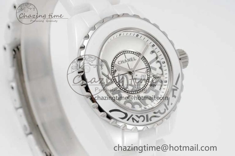 Chic J13 33mm White Ceramic HTF 1:1 Best Edition White Numbers Dial on Bracelet Swiss Quartz 6477