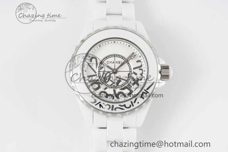 Chic J13 33mm White Ceramic HTF 1:1 Best Edition White Numbers Dial on Bracelet Swiss Quartz 6477