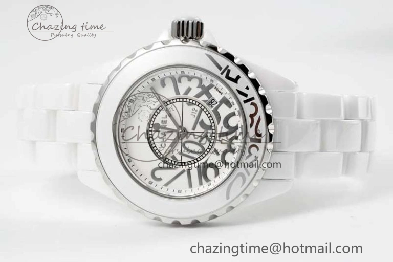 Chic J13 33mm White Ceramic HTF 1:1 Best Edition White Numbers Dial on Bracelet Swiss Quartz 6477