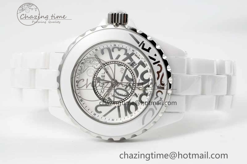 Chic J13 33mm White Ceramic HTF 1:1 Best Edition White Numbers Dial on Bracelet Swiss Quartz 6477