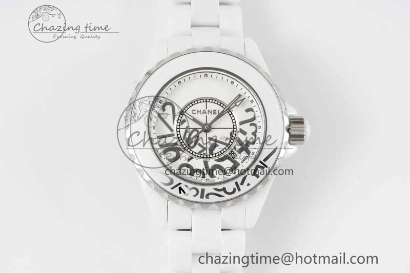 Chic J13 33mm White Ceramic HTF 1:1 Best Edition White Numbers Dial on Bracelet Swiss Quartz 6477