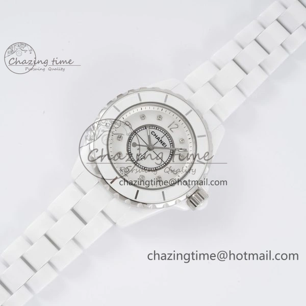 Chic J13 33mm White Ceramic HTF 1:1 Best Edition White Numbers Dial on Bracelet Swiss Quartz 6477