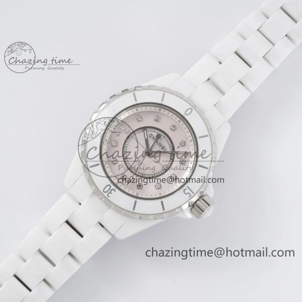 Chic J13 33mm White Ceramic HTF 1:1 Best Edition White Numbers Dial on Bracelet Swiss Quartz 6477