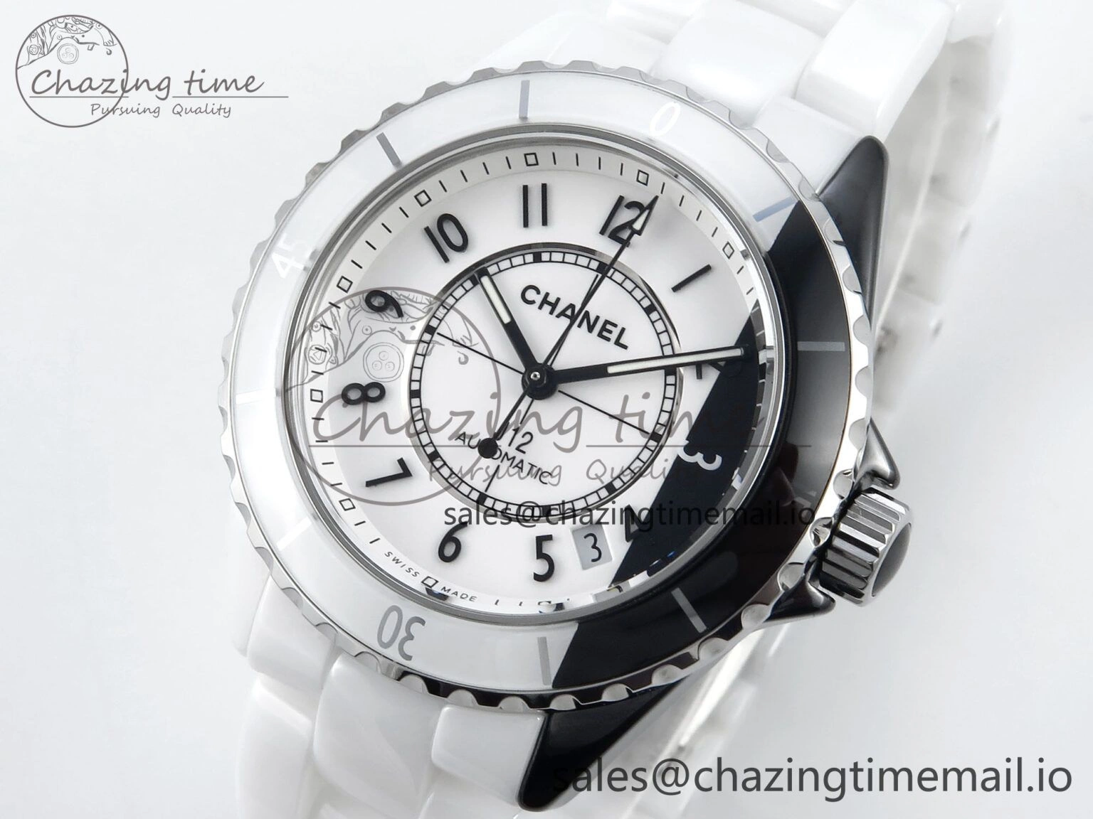 J13 33mm White Ceramic HTF 1:1 Best Edition White Black Dial on Bracelet A12. FlexibleFit 6435