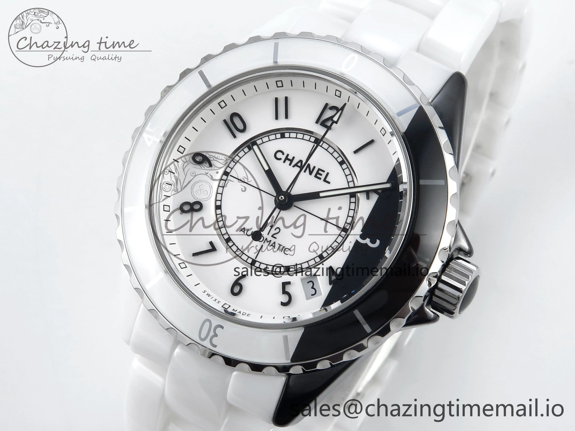 J13 33mm White Ceramic HTF 1:1 Best Edition White Black Dial on Bracelet A12. FlexibleFit 6435