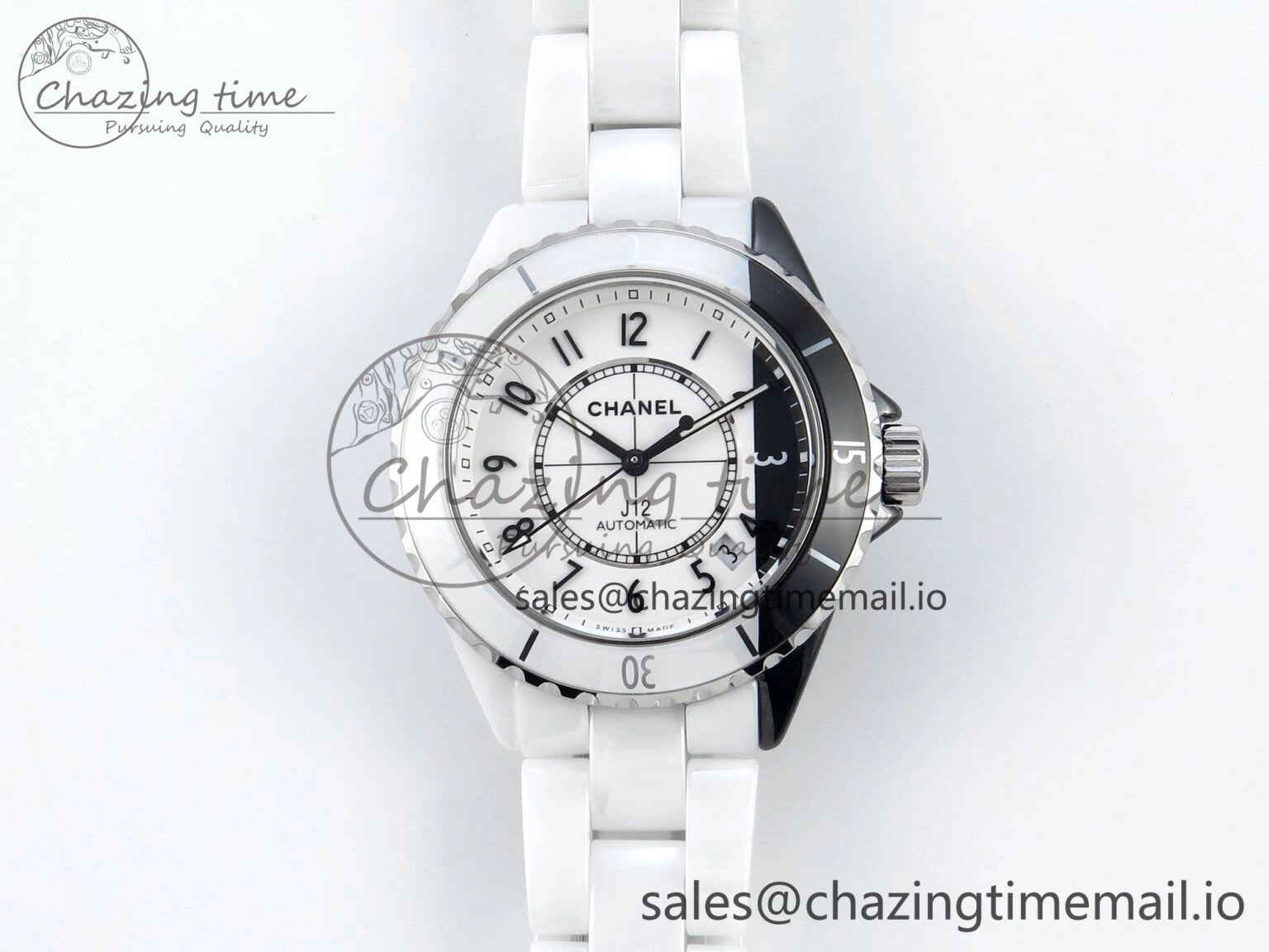 J13 33mm White Ceramic HTF 1:1 Best Edition White Black Dial on Bracelet A12. FlexibleFit 6435