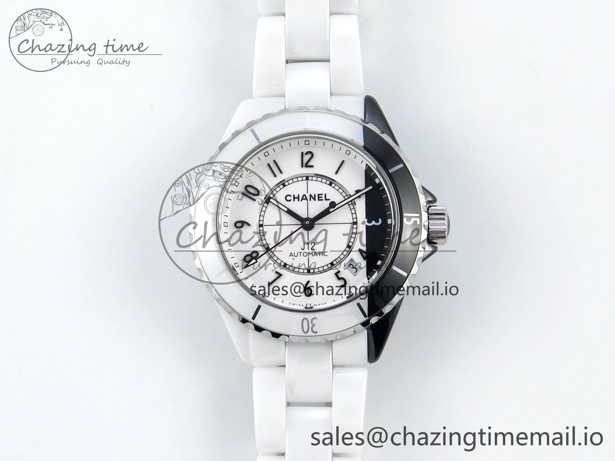 J13 33mm White Ceramic HTF 1:1 Best Edition White Black Dial on Bracelet A12. FlexibleFit 6435