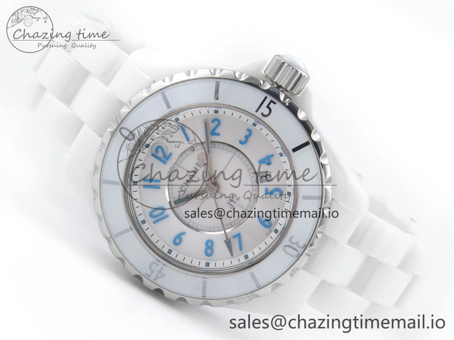 SportInspired J13 33mm White Ceramic HTF 1:1 Best Edition White Blue Dial on Bracelet Swiss Quartz 6445