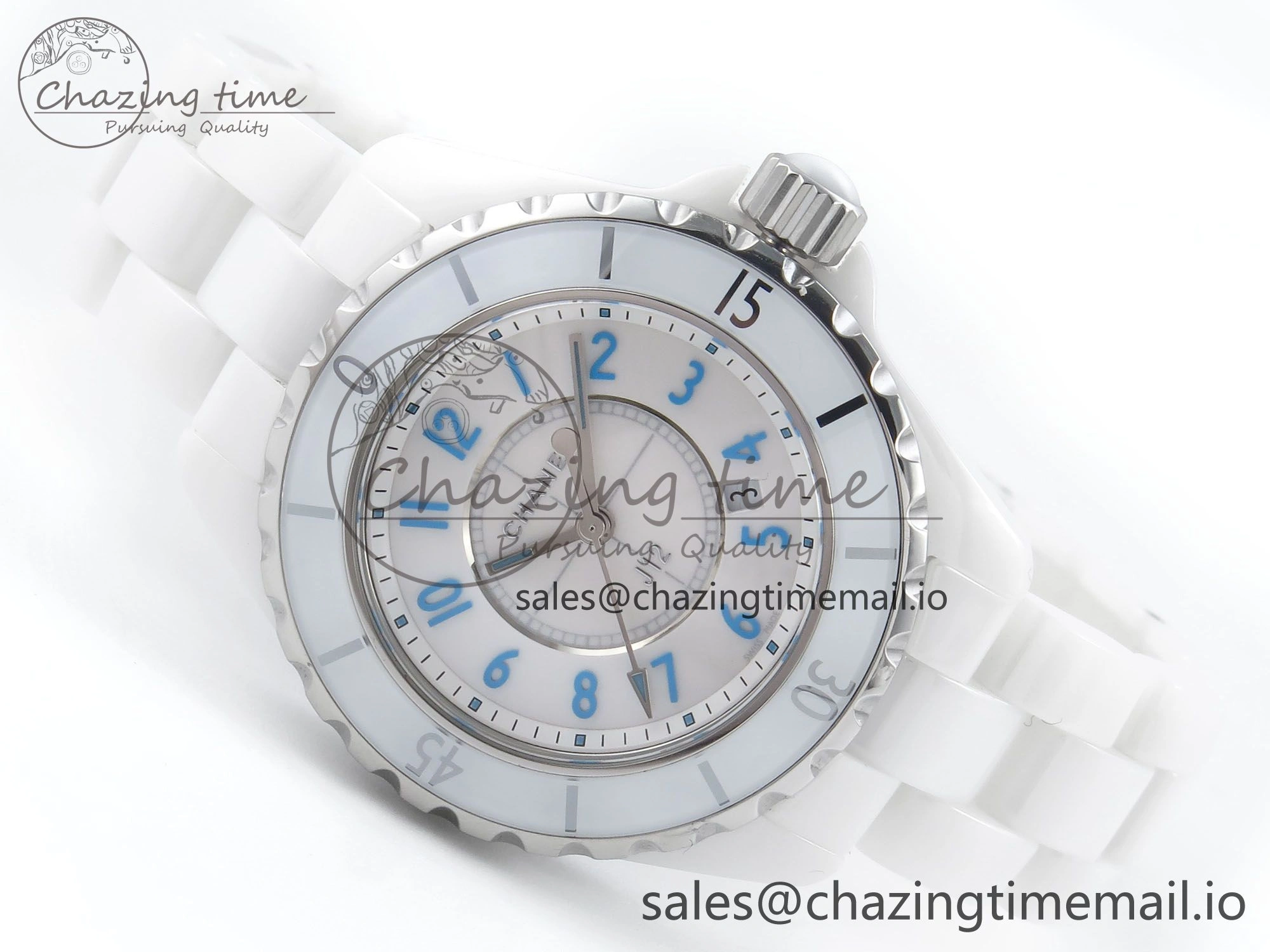 SportInspired J13 33mm White Ceramic HTF 1:1 Best Edition White Blue Dial on Bracelet Swiss Quartz 6445
