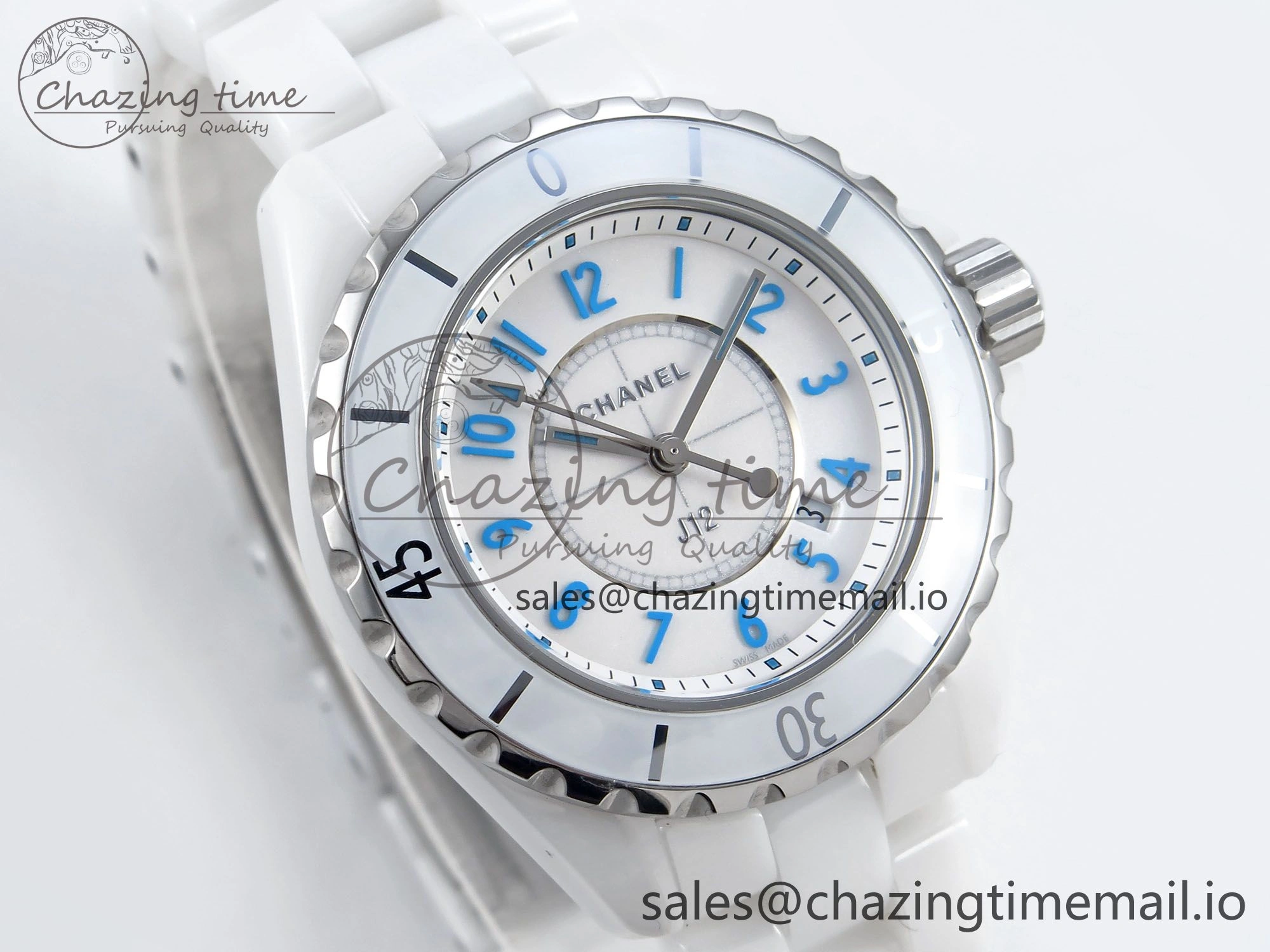 SportInspired J13 33mm White Ceramic HTF 1:1 Best Edition White Blue Dial on Bracelet Swiss Quartz 6445