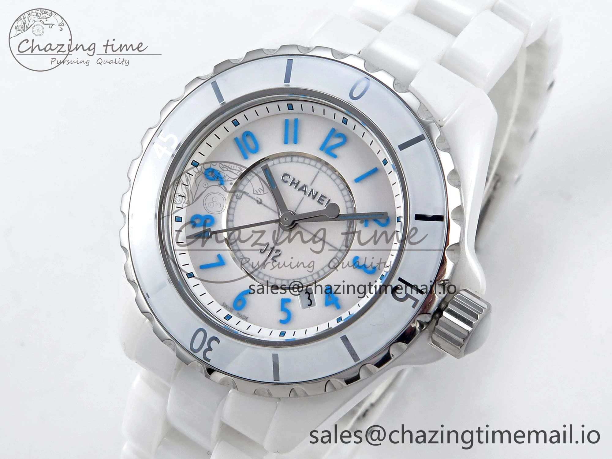 SportInspired J13 33mm White Ceramic HTF 1:1 Best Edition White Blue Dial on Bracelet Swiss Quartz 6445