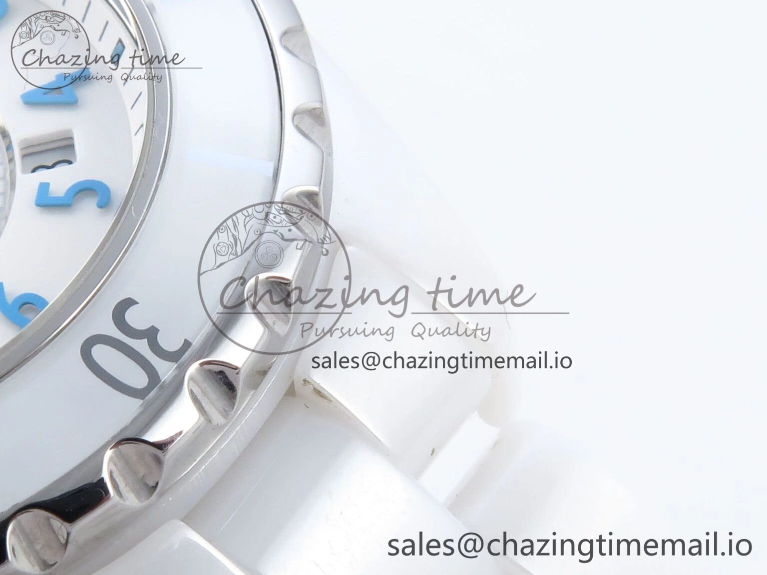 SportInspired J13 33mm White Ceramic HTF 1:1 Best Edition White Blue Dial on Bracelet Swiss Quartz 6445