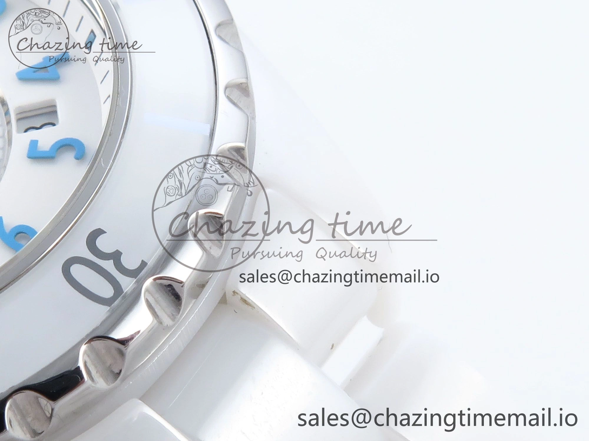 SportInspired J13 33mm White Ceramic HTF 1:1 Best Edition White Blue Dial on Bracelet Swiss Quartz 6445