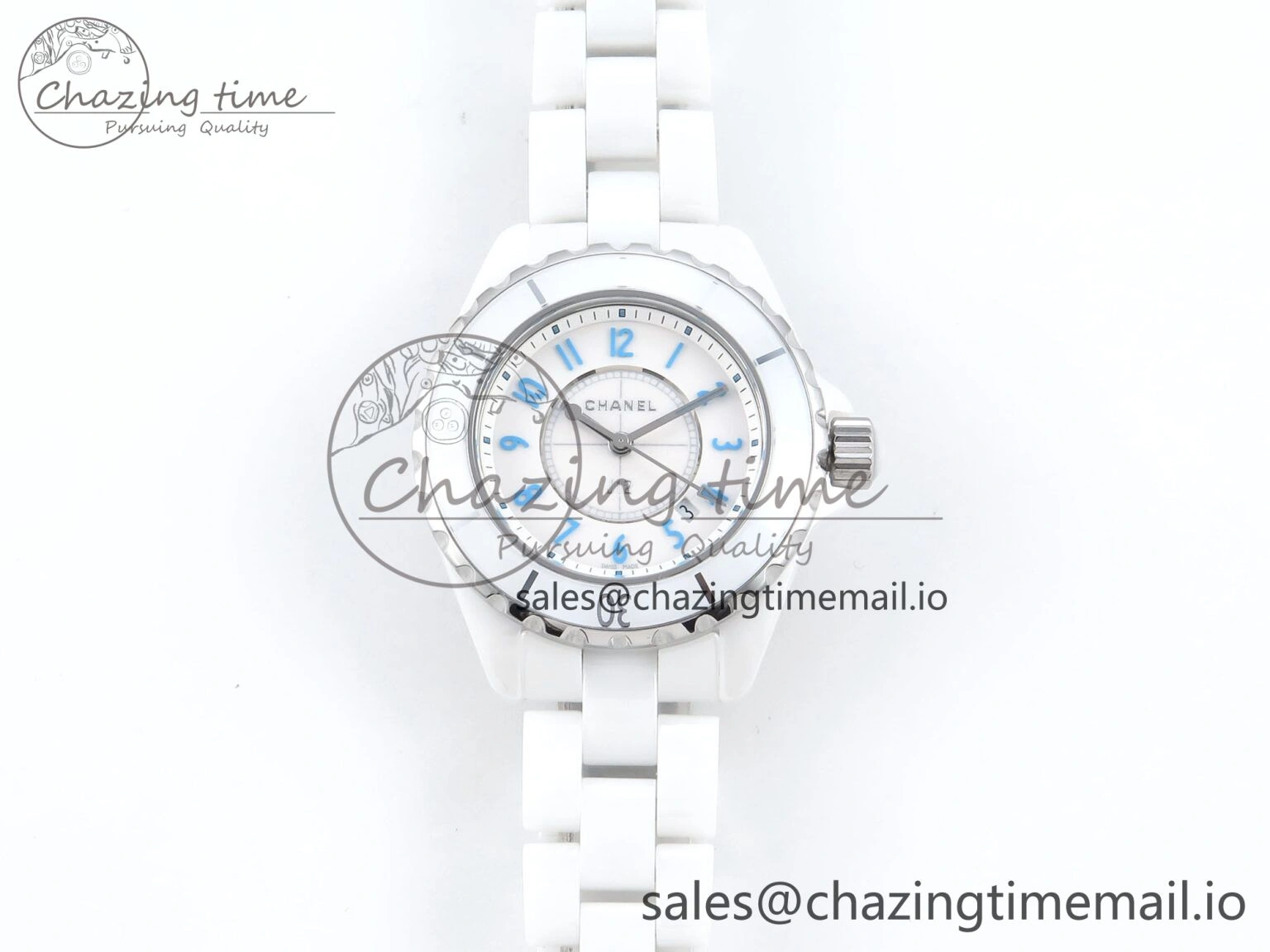 SportInspired J13 33mm White Ceramic HTF 1:1 Best Edition White Blue Dial on Bracelet Swiss Quartz 6445