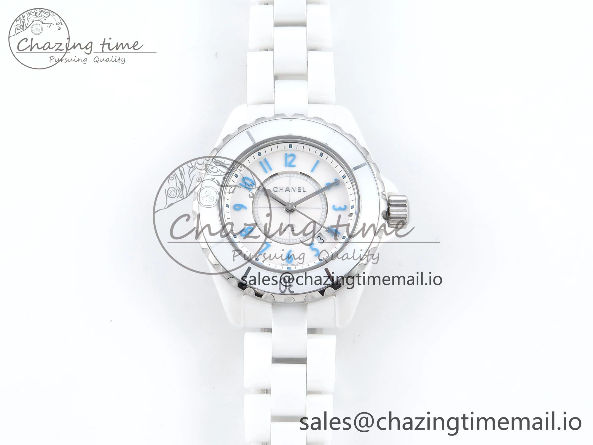 SportInspired J13 33mm White Ceramic HTF 1:1 Best Edition White Blue Dial on Bracelet Swiss Quartz 6445