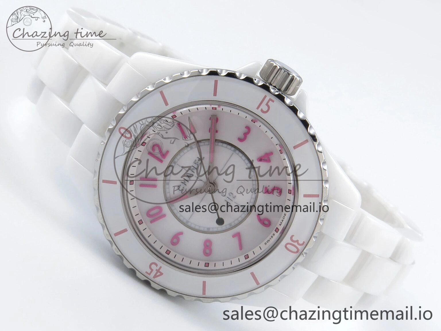 Durable J13 33mm White Ceramic HTF 1:1 Best Edition White Pink Dial on Bracelet Swiss Quartz 6433