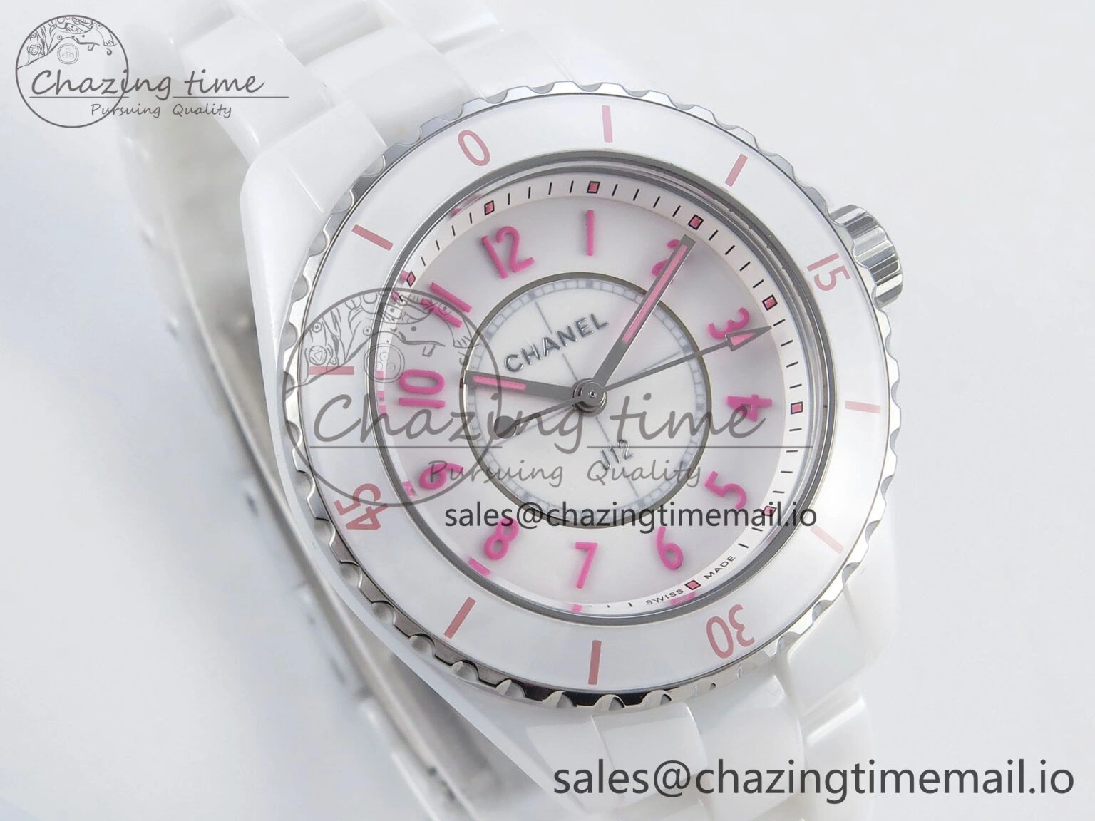 Durable J13 33mm White Ceramic HTF 1:1 Best Edition White Pink Dial on Bracelet Swiss Quartz 6433