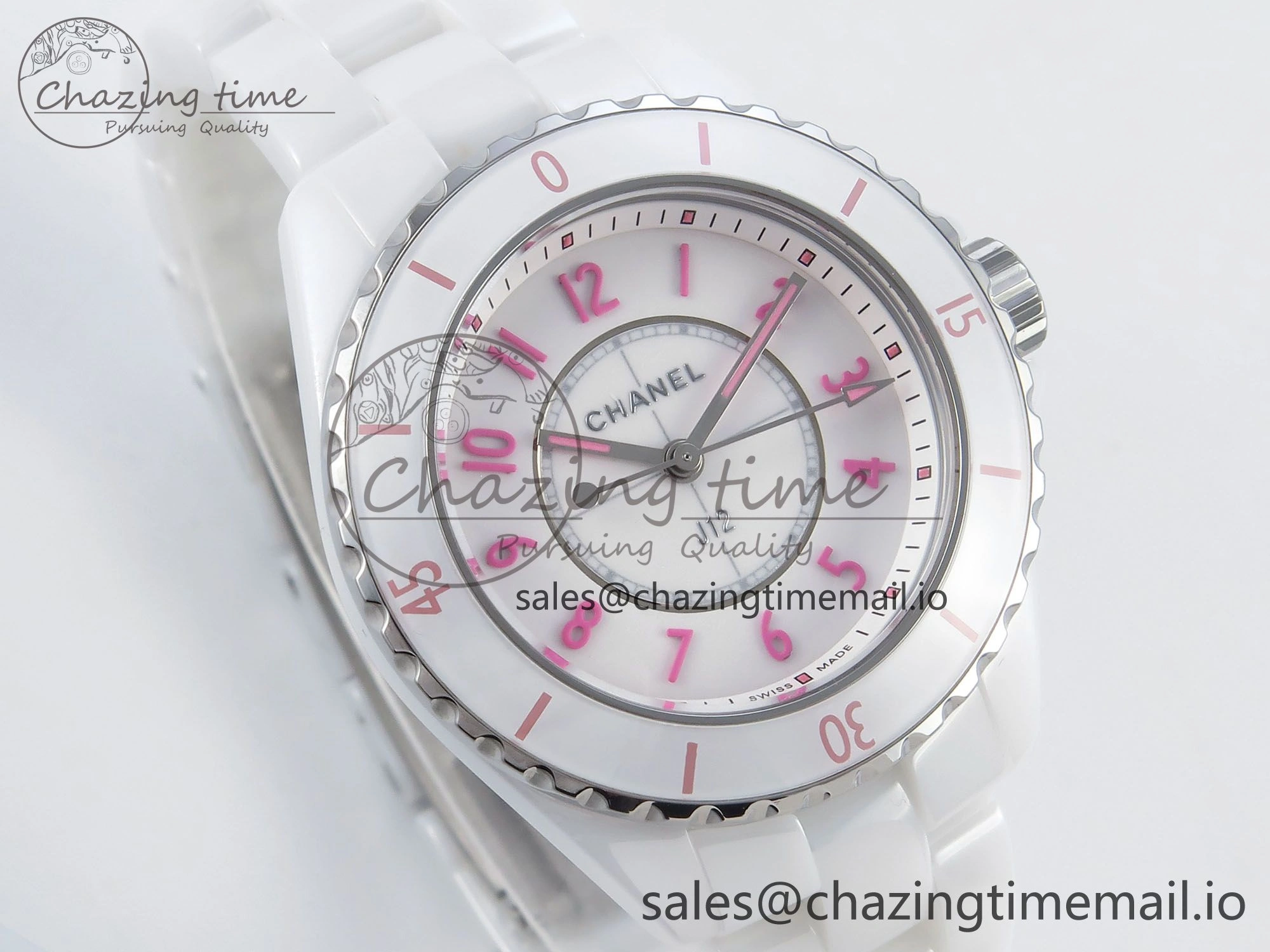 Durable J13 33mm White Ceramic HTF 1:1 Best Edition White Pink Dial on Bracelet Swiss Quartz 6433