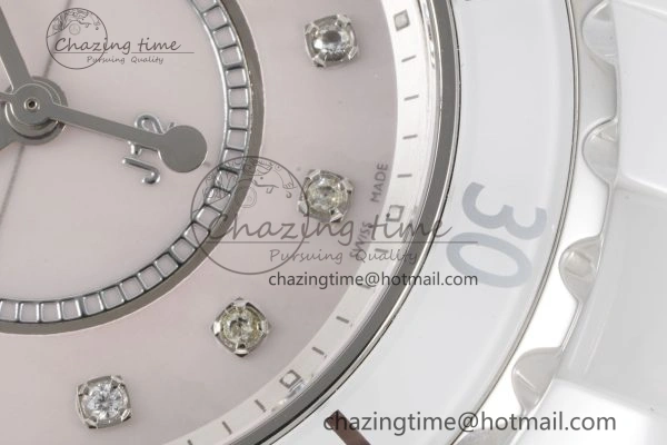 BestValue J13 33mm XF 1:1 Best Edition White Korea Ceramic Pink No Date Diamonds Dial on Bracelet Swiss Quartz 6459