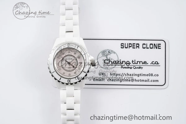 BestValue J13 33mm XF 1:1 Best Edition White Korea Ceramic Pink No Date Diamonds Dial on Bracelet Swiss Quartz 6459