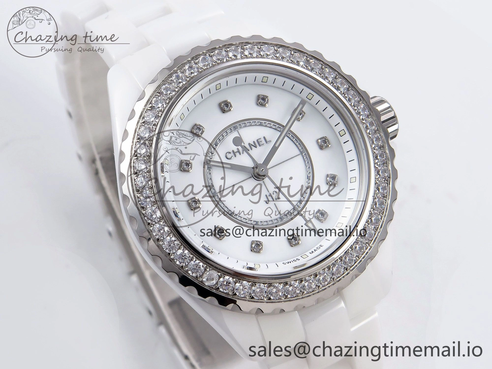 ZeroBulk J13 33mm XF 1:1 Best Edition White Korea Ceramic White Diamonds Dial Diamonds Bezel on Bracelet Swiss Quartz 6453