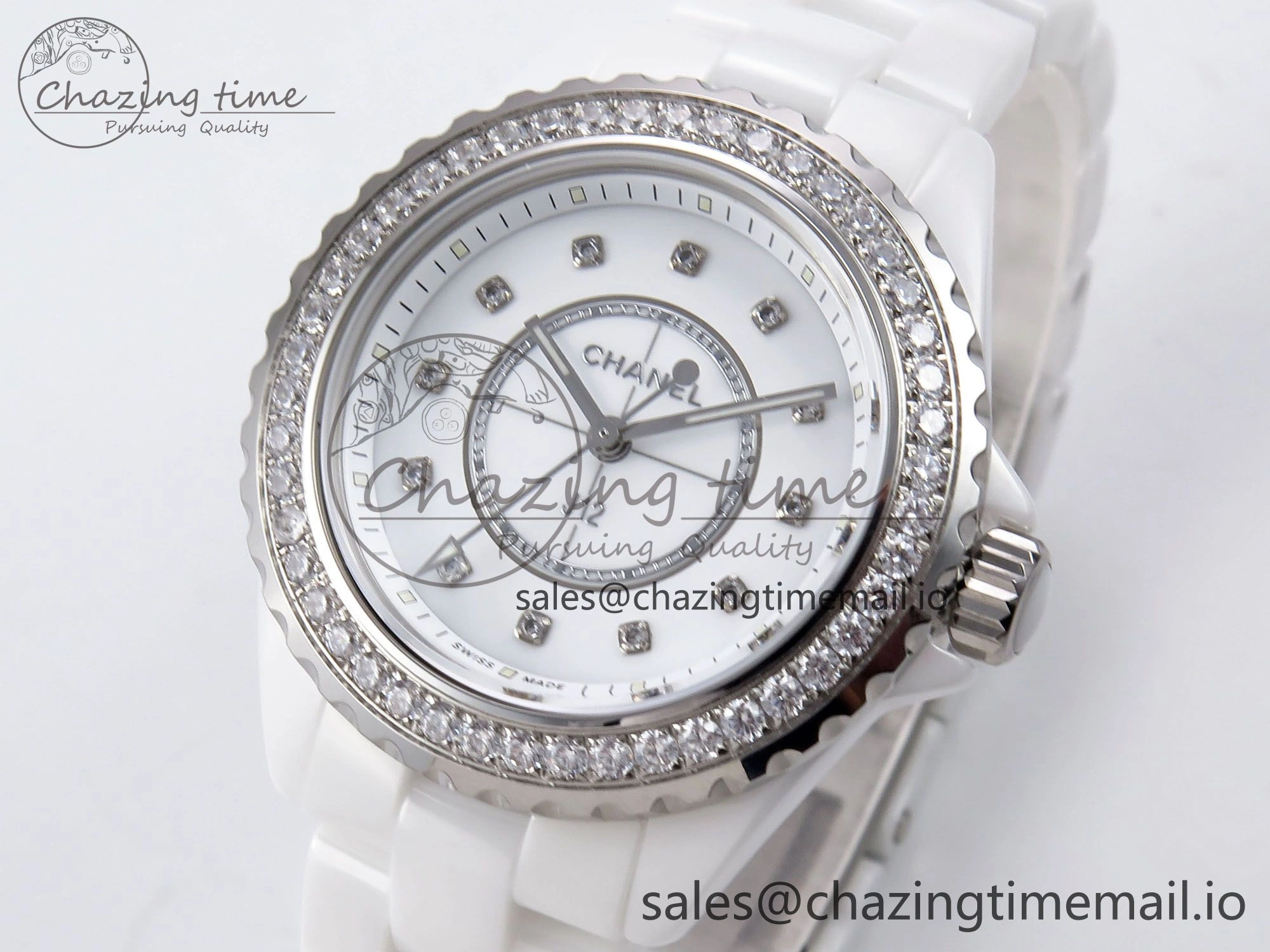 ZeroBulk J13 33mm XF 1:1 Best Edition White Korea Ceramic White Diamonds Dial Diamonds Bezel on Bracelet Swiss Quartz 6453