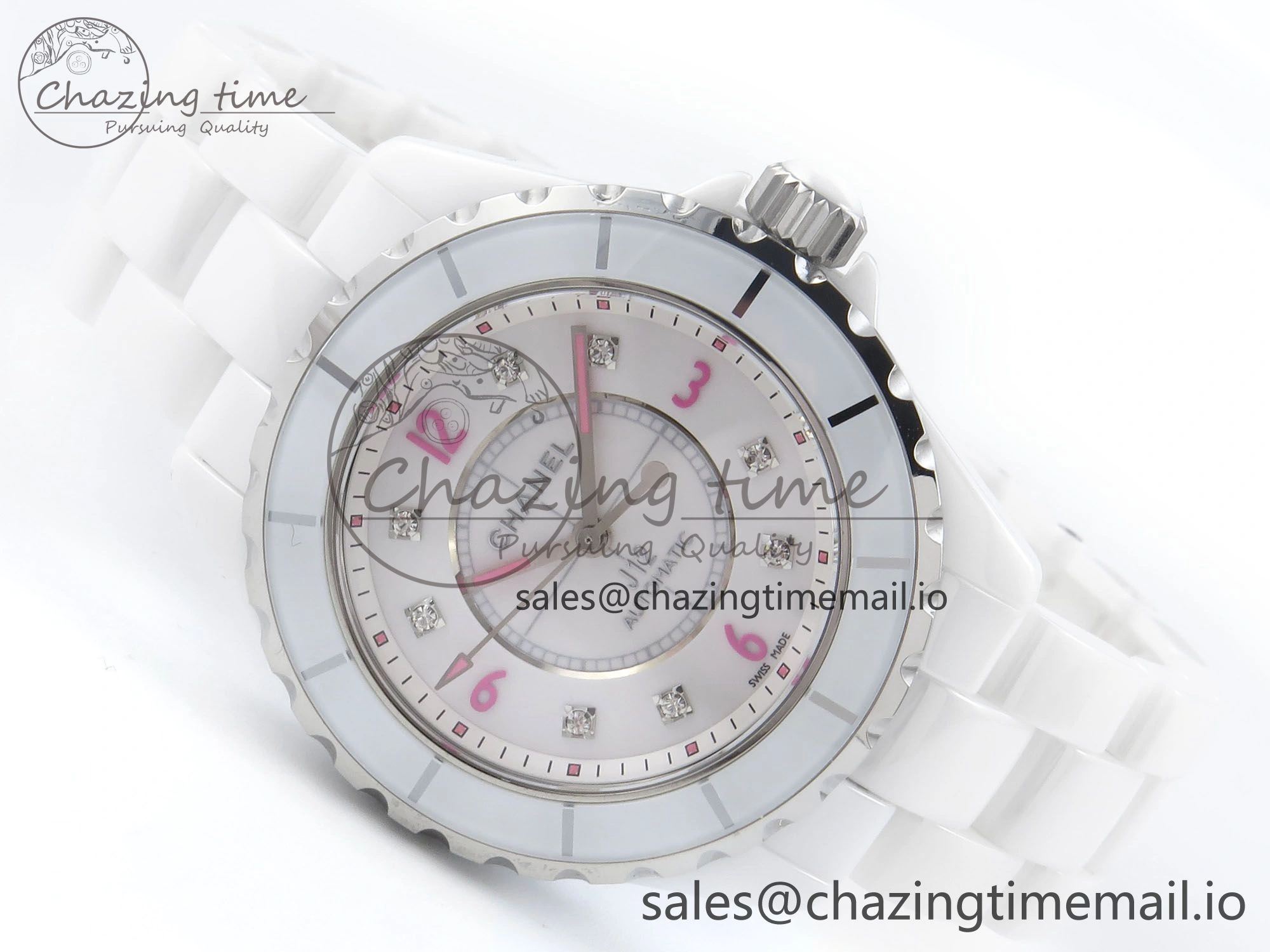 FashionForward J13 38mm White Ceramic HTF 1:1 Best Edition Pink Dial Diamonds Makers on Bracelet A 6448