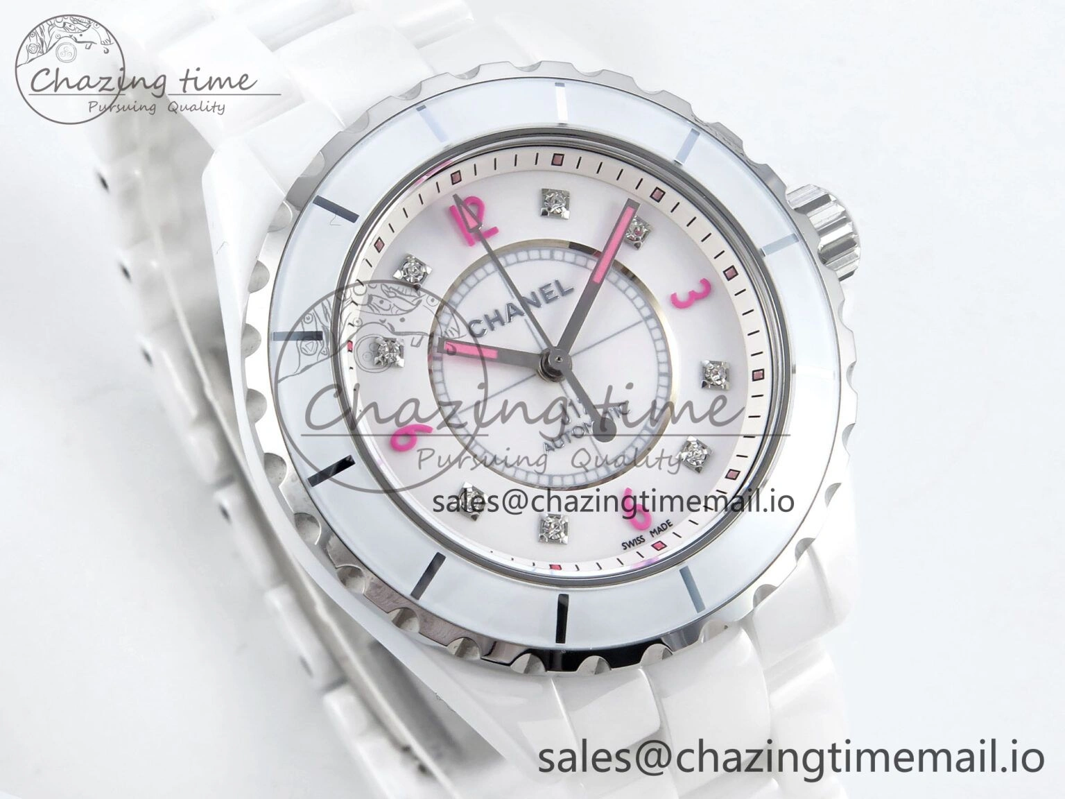 FashionForward J13 38mm White Ceramic HTF 1:1 Best Edition Pink Dial Diamonds Makers on Bracelet A 6448