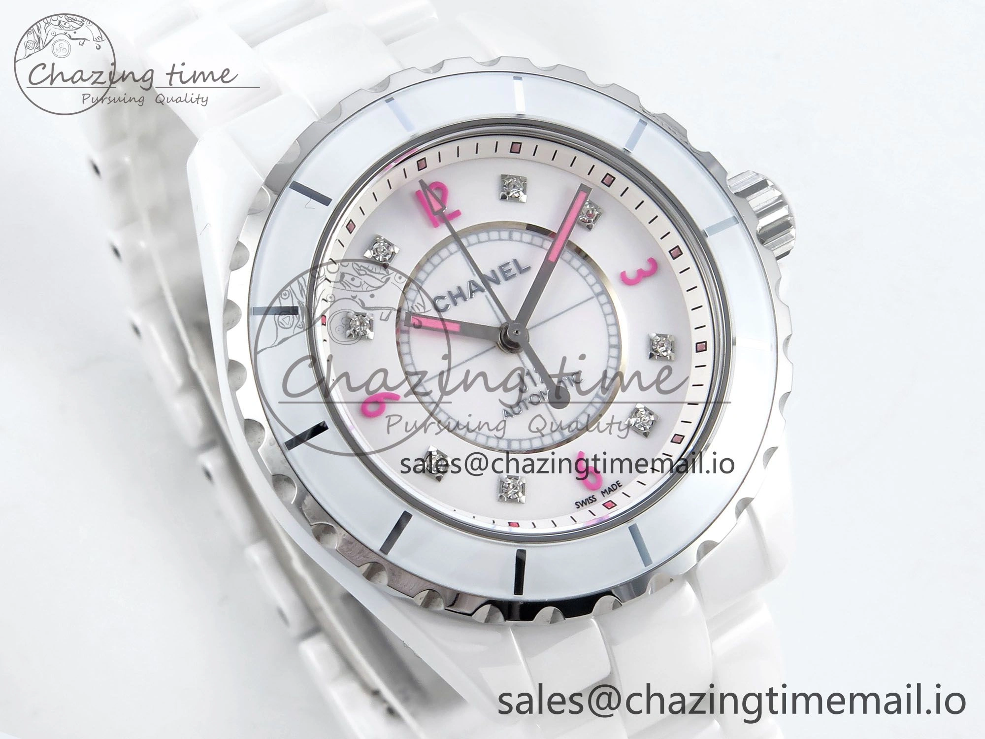 FashionForward J13 38mm White Ceramic HTF 1:1 Best Edition Pink Dial Diamonds Makers on Bracelet A 6448