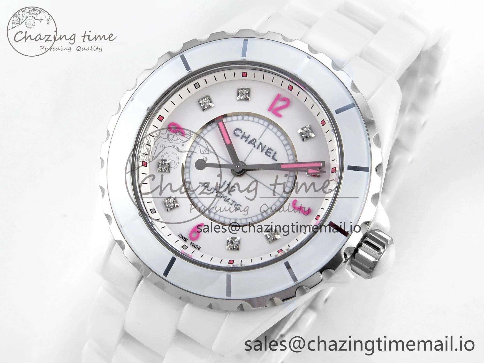 FashionForward J13 38mm White Ceramic HTF 1:1 Best Edition Pink Dial Diamonds Makers on Bracelet A 6448