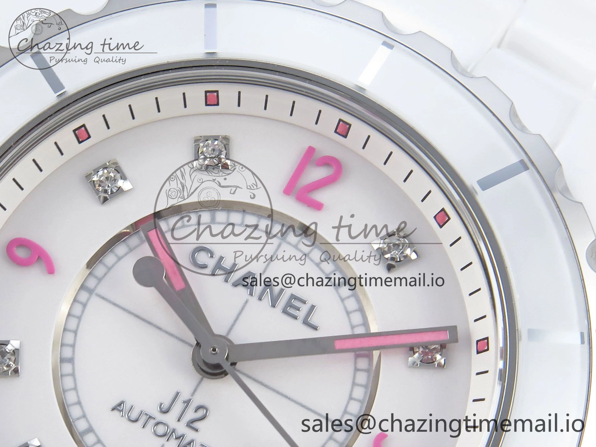FashionForward J13 38mm White Ceramic HTF 1:1 Best Edition Pink Dial Diamonds Makers on Bracelet A 6448